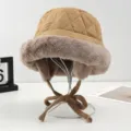 Women quilted winter trapper hat plush brim warm earflap bucket hat windproof snow cap - Khaki