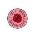 Stylish pink round metal enamel pin featuring red rose and inspirational text brooch. - Round Enamel Style (CC489) / Pink Bottom Red Rose