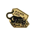 Gold and black enamel lapel pin featuring a cute cat in coffin shape with funny text. - Gold Black Cat Coffin (CC235)