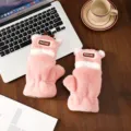 Cute winter plush half-finger gloves with deer antlers warm sweet pink design for students - Plush Antler Flip / Pink