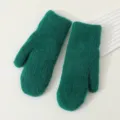 Close-up detail of the plush knitted green mittens, showing soft fuzzy texture and cozy winter fabric. - Green