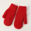 Red knitted fuzzy winter warm mittens, thick cozy double layer outdoor cold weather gloves - Bright Red