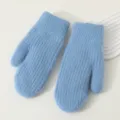 Detailed view of winter thick warm knit mittens in light blue, soft cozy thermal cold weather gear. - Blue