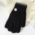 Women winter warm knit gloves fuzzy split finger touch screen black grey floral cute - Small Flower Touchscreen Split-Finger / Black