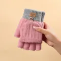 Wool blend half-finger knit gloves winter warm convertible flip cover design for daily wear - Flip Lid / Pink