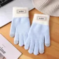 Knitted touchscreen gloves detail view, winter warm double layer design with cute lace label. - Touchscreen Split Finger / Blue
