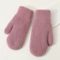 Knit fuzzy winter mittens detail view, warm plush mittens close up for cold weather. - Dusty Pink