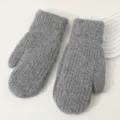 Grey fuzzy knit mittens detail shot, soft plush warm winter gloves for outdoor cold-proof wear. - Dark Gray