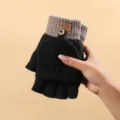 Winter warm knitted convertible half-finger gloves stylish thermal outdoor cold weather - Flip Lid / Black
