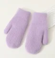 Close-up view of winter thick warm knit mittens in light purple, soft ribbed cuff. - Purple