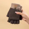 Winter knitted convertible fingerless gloves for women and men, warm thermal half finger mittens. - Flip Lid / Coffee