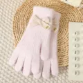 Cute pink knitted fuzzy gloves detail, winter warm wool gloves with sweet beige bow decoration. - Pink Solid Color Full Finger Gloves with Bow