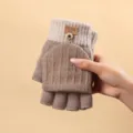 Convertible fingerless knit gloves for winter, warm wool blend half-finger gloves with button. - Flip Lid / Camel