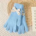 Light blue knitted gloves detail, showcasing cute cream bow decoration and cozy winter fabric. - Blue Bowknot Solid Color Full Finger Gloves