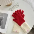 Red and white color block knitted wool gloves for women autumn winter warm cozy mittens. - Red & White Long Color-Block Full-Finger Gloves