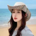 Ethnic style women cowboy hat for outdoor travel sun protection beach hiking fishing summer. - Beige