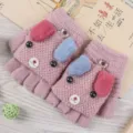 Cute puppy knit children gloves detail, warm winter half-finger convertible design for kids. - One Size / Puppy Flip-Top / Lotus root pink