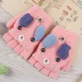 Cute puppy knit gloves for kids, warm winter half-finger convertible design detail view. - One Size / Puppy Flip-Top / Pink