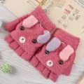 Kids knit convertible fingerless gloves with cute puppy design, warm wool winter wear for toddlers. - One Size / Puppy Flip-Top / Watermelon red
