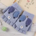Guanti lavorati a maglia a metà dita per bambini simpatico cucciolo guanti grigi - Taglia unica / Cagnolino con Risvolto / Grigio scuro