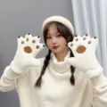 Guantes mullidos de pata de gato mujer, invierno cálido grueso de felpa manoplas blancas. - Guantes Dedo Completo Pata de Oso / Blanco