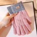 Winter warm knitted five finger touch screen gloves, pink and grey color block with patch. - Pink