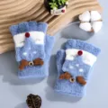 Detailed view of cute blue knitted half-finger flip gloves with cartoon design and button. - One Size / Blue Little Fox Flip-Top Mittens
