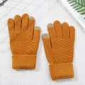 Detailed view of winter warm knitted touchscreen gloves featuring cozy textured grip design. - One Size / Yellow