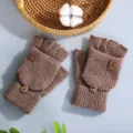 Winter brown knit half-finger convertible gloves for men and women warm woolly mitten covers - One Size / Wool Cuff Badge Flip / Camel