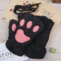 Cute black plush cat paw half-finger gloves for women winter warm fuzzy mittens with pink pads. - One Size / Black