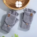 Grey knit half-finger flip gloves winter warm wool convertible gloves for typing cold protection - One Size / Wool Cuff Badge Flip / Medium Grey