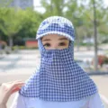 Blue plaid sun protection hat with full face shield and wide brim for outdoor farming. - One Size / Blue and White Plaid with Touch Fastener