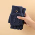 Guanti invernali unisex in maglia calda blu scuro, guanti convertibili con risvolto - Taglia unica / Uomo Treccia Maglia Ribalta / Blu Notte
