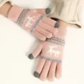 Cute winter pink knit touchscreen gloves for women with cozy deer pattern and warm fleece. - Double Layer / Pink (Deer Touchscreen)