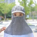 Black and white checkered sun hat with face cover and wide brim for outdoor farming cycling. - One Size / Black and White Plaid with Touch Fastener