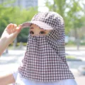 Sun protection hat with full face and neck cover, anti-UV outdoor gardening cycling cap. - One Size / Coffee and White Plaid with Touch Fastener