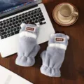 Cute plush winter gloves with deer antlers and half-finger flip design, warm and thick for students. - Plush Antler Flip / Gray