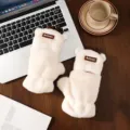 Cute deer antler plush winter gloves, half-finger flip design, warm and thick for students. - Plush Antler Flip / Beige
