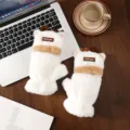 Winter plush deer antler gloves, thick warm half-finger flip design for daily students. - Plush Antler Flip / White