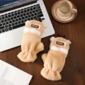 Winter cute deer antler plush gloves thick warm student half finger mittens stylish cute - Plush Antler Flip / Khaki