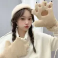 Guantes de invierno cálidos de felpa con pata de oso para mujer, manoplas gruesas de garra. - Guantes Dedo Completo Pata de Oso / Caqui