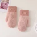 Close-up detail of winter plush knit mittens in soft pink, featuring fuzzy texture and patch. - Sheep Logo Mitten Gloves / Pink