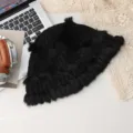 Black rabbit fur knitted bucket hat, winter warm plush fuzzy fisherman cap for women. - Pagoda Hat / Black