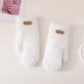 Women winter thick warm plush knit mittens cute plush fuzzy gloves for outdoor cycling detail. - Sheep Logo Mitten Gloves / White