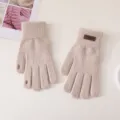 Detailed view of winter warm knitted touch screen gloves in light khaki with cute design features. - Candy Color Cuff Label Split Finger / Beige