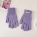 Purple knitted winter gloves with finger holes and stylish cuff tag for cold weather wear. - Candy Color Cuff Label Split Finger / Purple