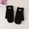 Faux mink fur knitted mittens detail shot, thick warm winter gloves for women outdoor riding. - Sheep Logo Mitten Gloves / Black