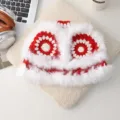 Cozy winter plush bucket hat featuring a festive red and white crochet design with fluffy faux fur. - Lion Dance Hat / Red