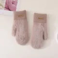 Cozy plush knit mittens with cute faux mink fur detail, warm winter gloves for outdoor cycling. - Sheep Logo Mitten Gloves / Brown