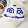 Blue white crochet furry winter hat fluffy plush warm knit cap stylish women headwear - Lion Dance Hat / Sapphire Blue